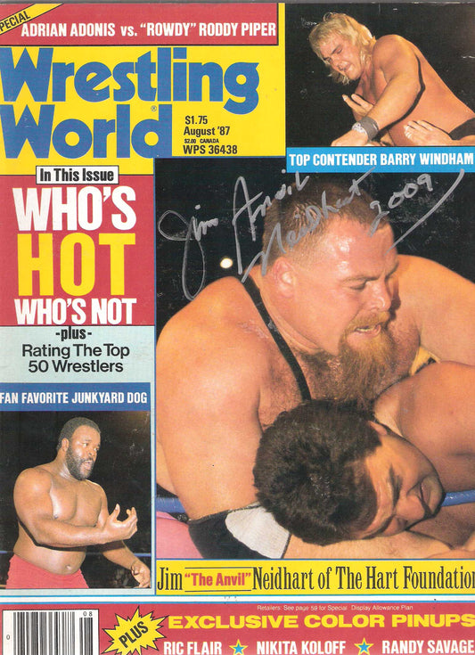 AM343  Jim the Anvil Neidhart ( Deceased ) Autographed vintage Wrestling Magazine  w/COA