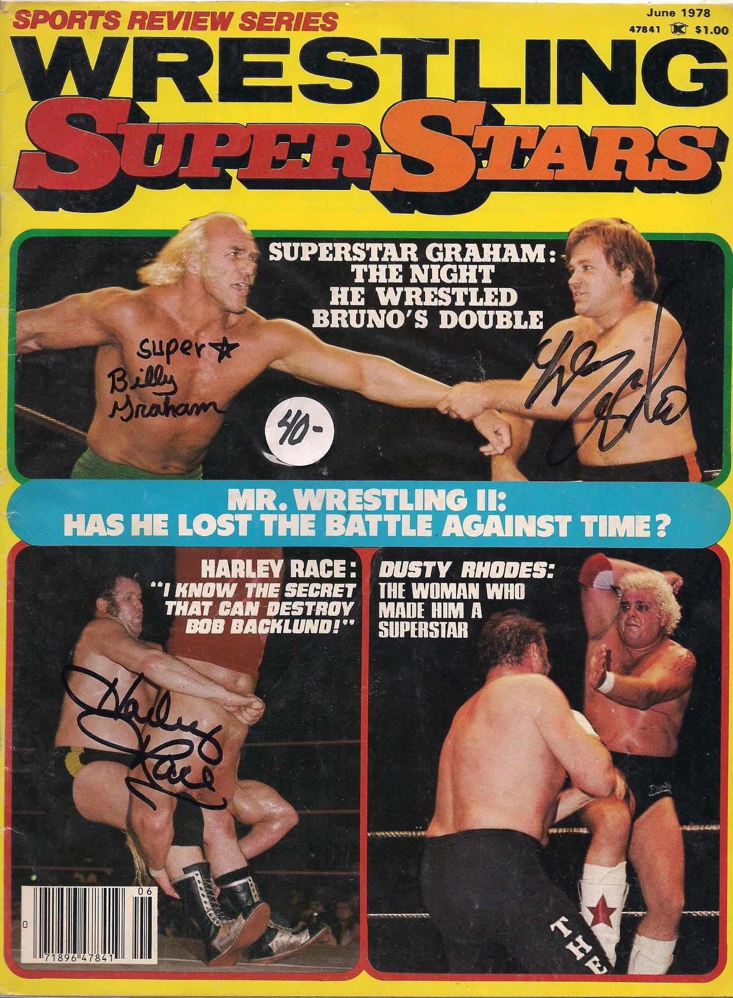 AM364  Harley Race ( Deceased ) Superstar Billy Graham  Larry Zbyszko   Autographed vintage Wrestling Magazine w/COA