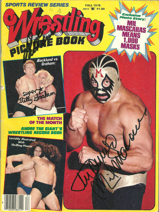 AM375  Bob Backlund  Mil Mascaras  Superstar Billy Graham Autographed vintage Wrestling Magazine w/COA