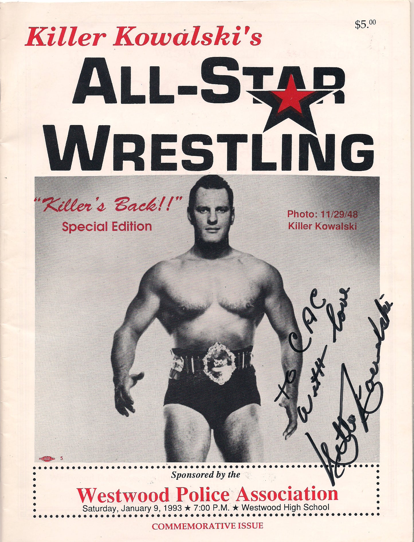 AM377  Killer Kowalksi  ( Deceased ) Autographed vintage Wrestling Magazine w/COA