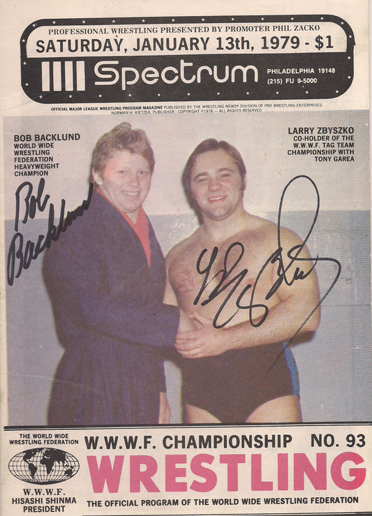 AM394  Bob Backlund Larry Zbyszko  Autographed vintage Wrestling Magazine w/COA