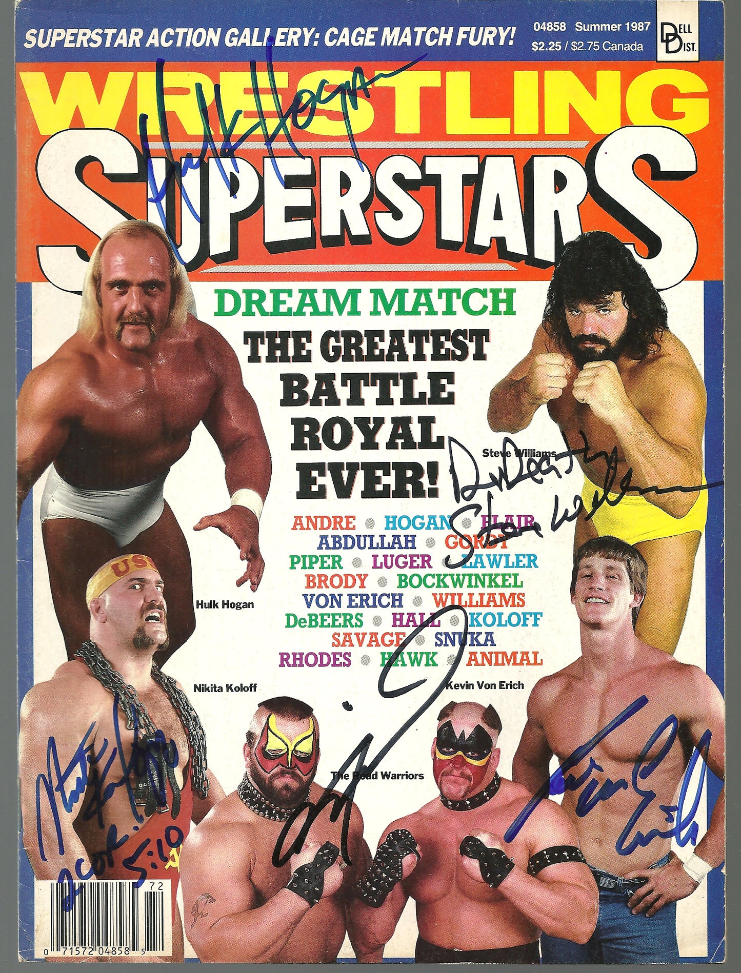 AM406  Hulk Hogan  Kevin Von Erich  Dr. Death Steve Williams ( Deceased )  Road Warrior Animal (Deceased )  Nikita Koloff   Autographed vintage Wrestling Magazine w/COA