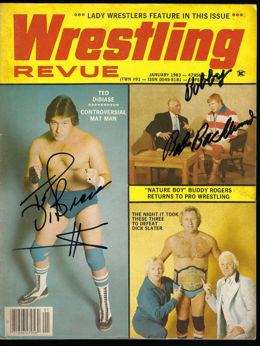 AM432  Ted DiBiase  Bob Backlund  Ricky Morton  Autographed Vintage Wrestling Magazine and Poster w/COA