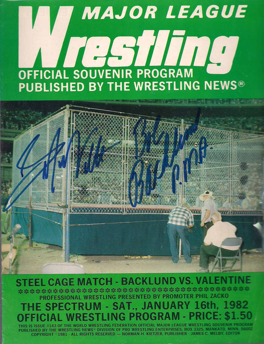 AM436  Bob Backlund Greg Valentine Autographed Vintage Wrestling Magazine w/COA