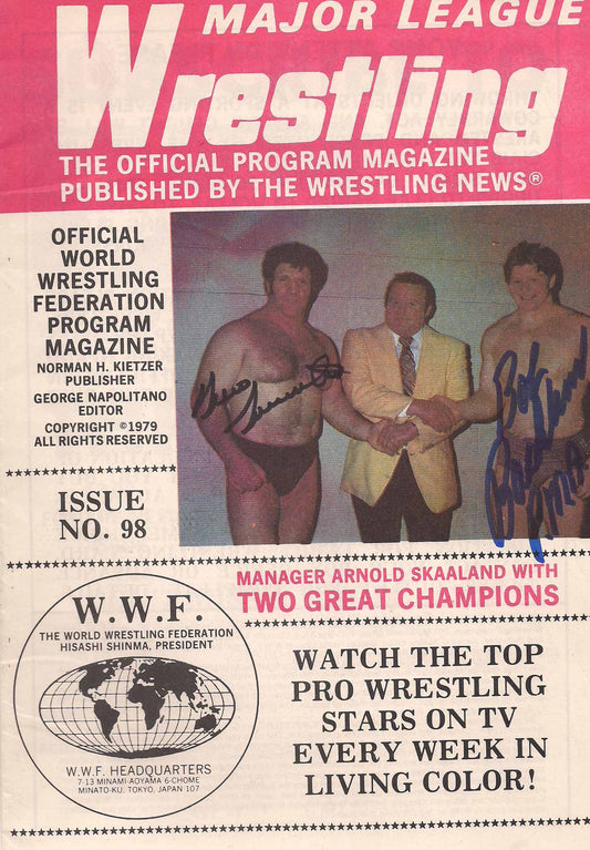 AM447  Bruno Sammartino  Bob Backlund  Autographed Vintage Wrestling Magazine  w/COA