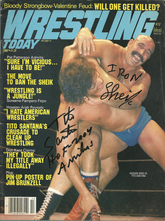 AM458  Iron Sheik vs Tito Santana  Autographed Vintage Wrestling Magazine w/COA