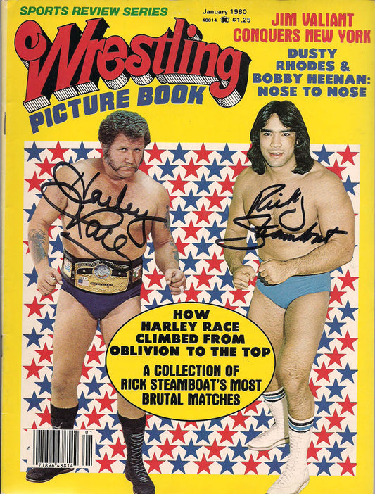 AM461  Harley Race ( Deceased ) vs Ricky the Dragon Steamboat   Autographed Vintage Wrestling Magazine w/COA