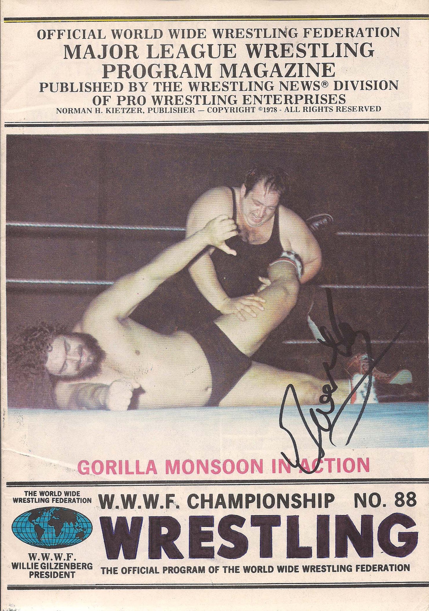 AM462  Gorilla Monsoon ( Deceased ) Autographed Vintage Wrestling Magazine w/COA