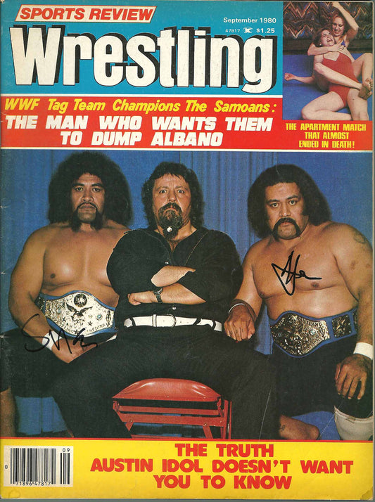 AM470  The Wild Samoans Afa and Sika  Autographed  Vintage Wrestling Magazine w/COA