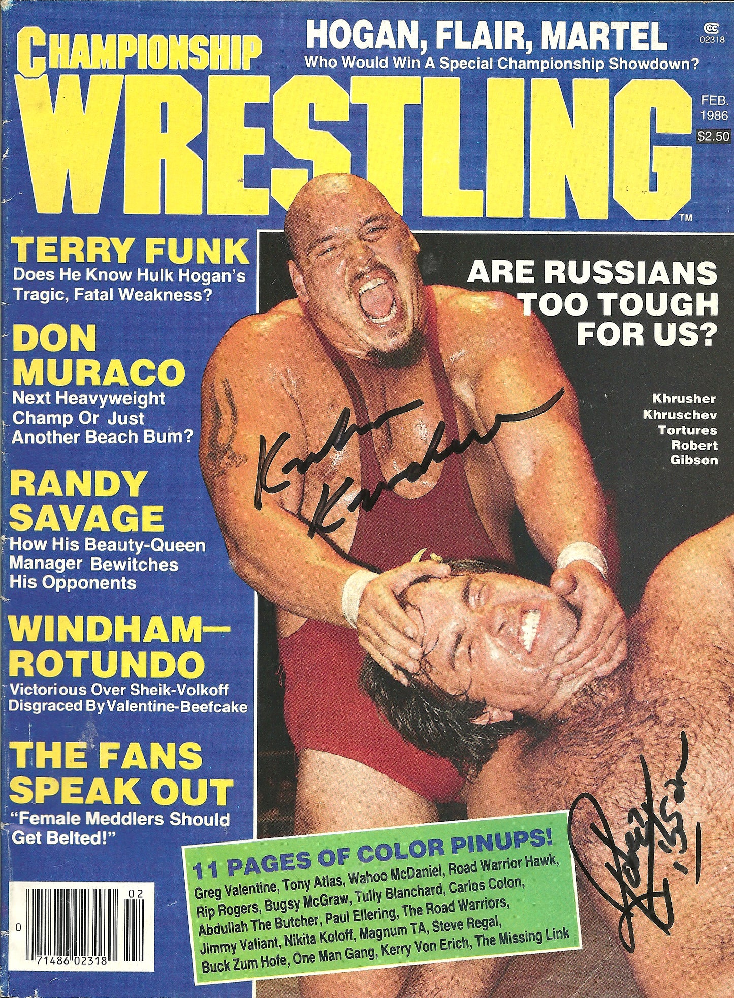 AM500  Khrusher Khrushchev vs Robert Gibson  Autographed Vintage Wrestling Magazine w/COA