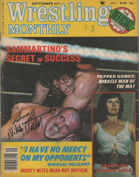 AM509  Bruno Sammartino  Nikolai Volkoff  ( Both Deceased )  Autographed Vintage Wrestling Magazine w/COA