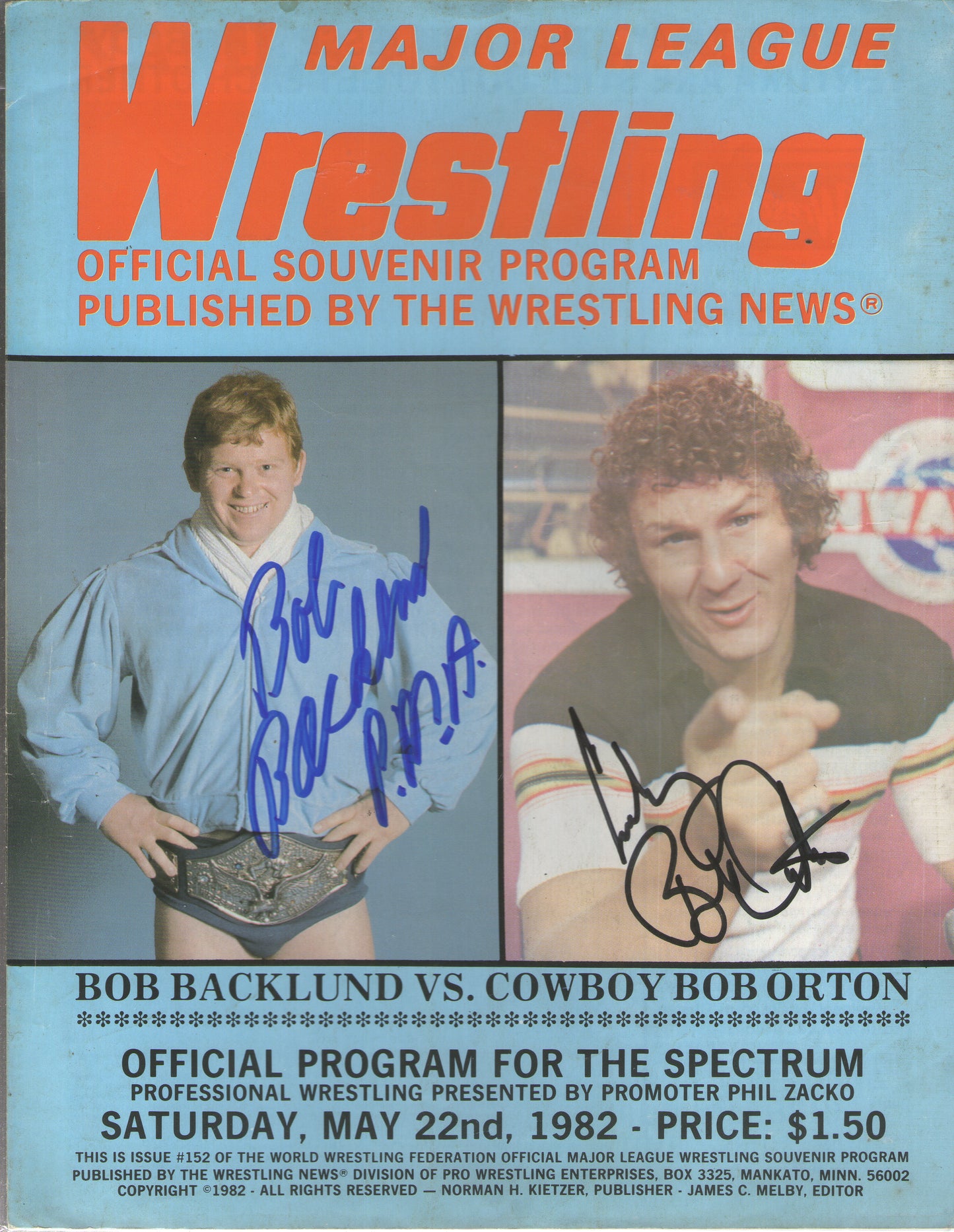 AM511  Bob Backlund  Bob Orton Jr. Autographed Vintage Wrestling Magazine w/COA