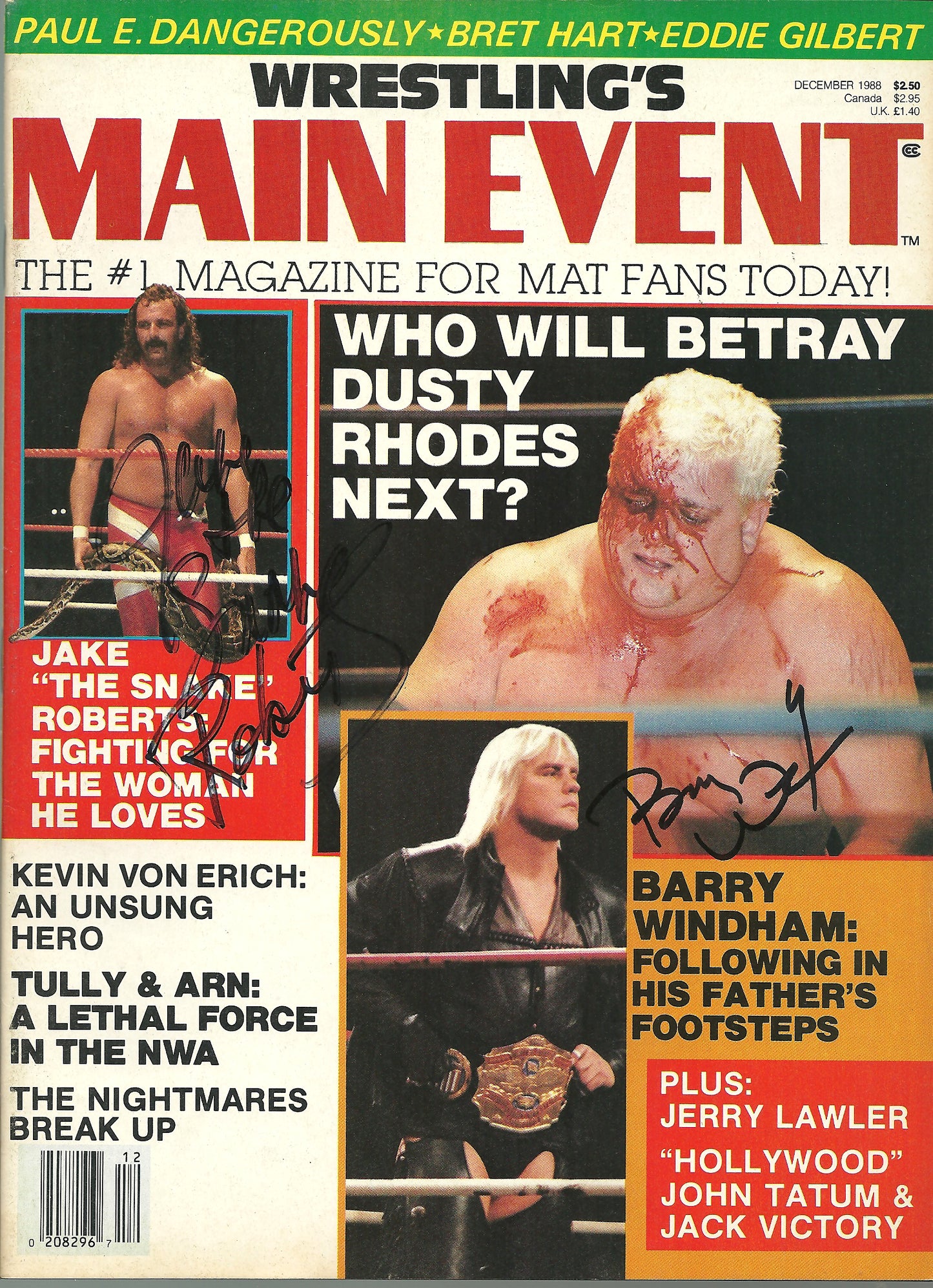AM518  Barry Windham  Jake Roberts Autographed Vintage Wrestling Magazine w/COA