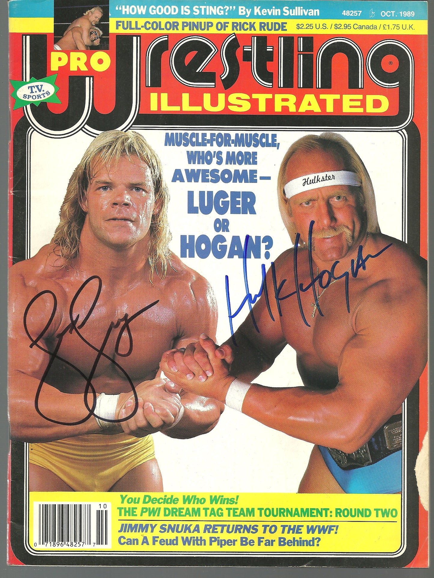 AM529  Hulk Hogan  Lex Luger   Autographed Vintage Wrestling Magazine w/COA