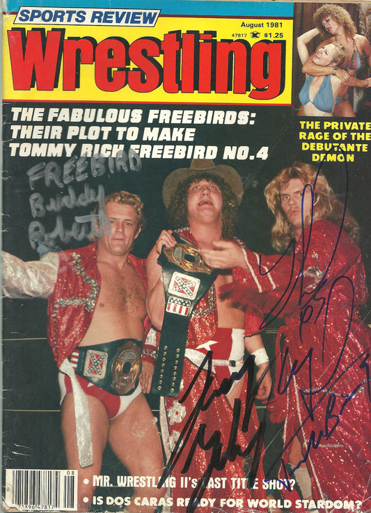 AM553  The Freebirds ( Buddy Roberts Terry Gordy Deceased )  Autographed Vintage Wrestling Magazine   w/COA