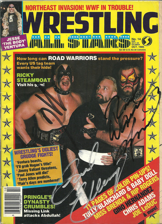 AM557   The Road Warriors  ( Both Deceased )  Paul Ellering Autographed Vintage Wrestling Magazine   w/COA