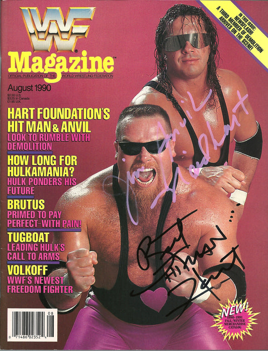 AM567  Bret the Hitman Hart  Jim the Anvil Neidhart  (Deceased ) Autographed Vintage Wrestling Magazine   w/COA