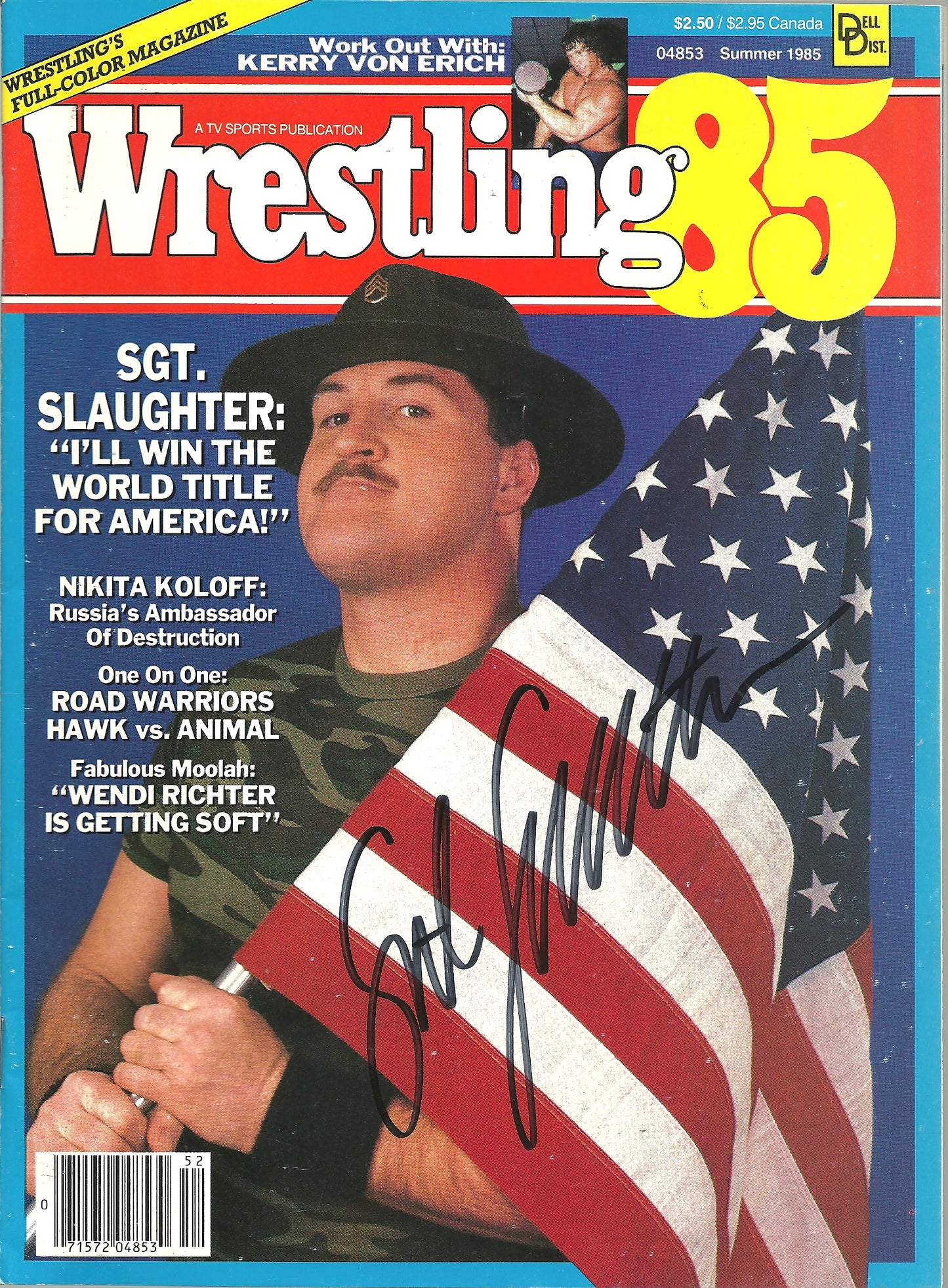 AM578  Sgt Slaughter  Autographed Vintage Wrestling Magazine Poster w/COA