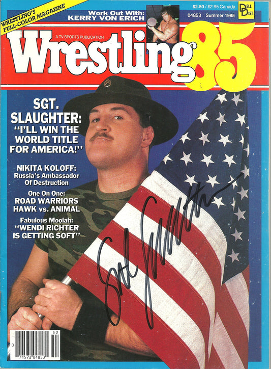 AM578  Sgt Slaughter  Autographed Vintage Wrestling Magazine Poster w/COA