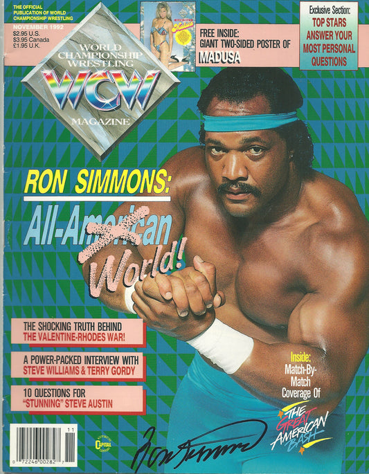 AM605  The All American Ron Simmons  Autographed Vintage Wrestling Magazine w/COA