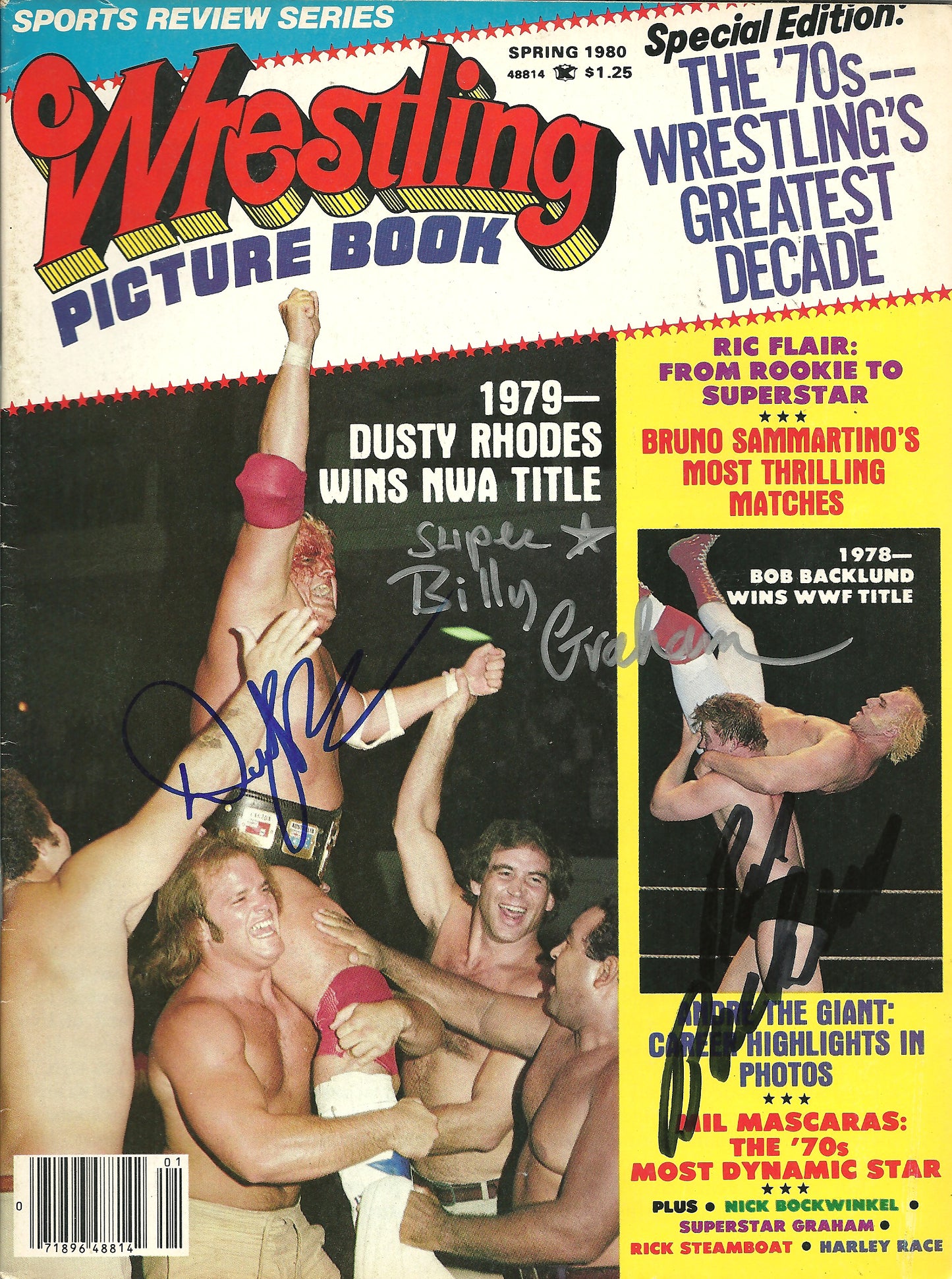 AM627  Bob Backlund   Dusty Rhodes Superstar Billy Graham  Vintage Wrestling Magazine w/COA