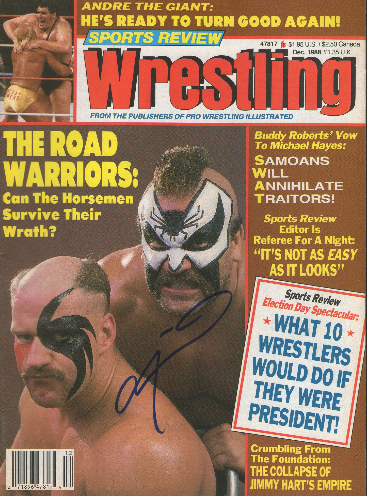 AM667  Road Warrior Animal ( Deceased ) VERY RARE   Vintage Wrestling Magazine w/COA