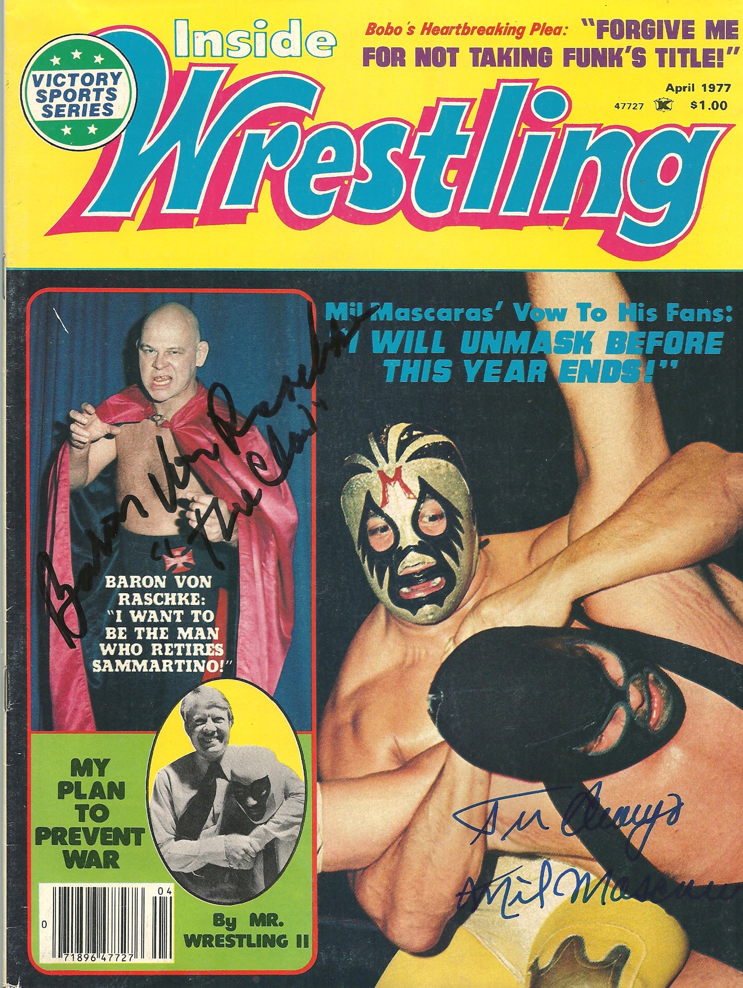 AM691  Mil Mascaras Baron Von Raschke  Autographed vintage Wrestling Magazine w/COA