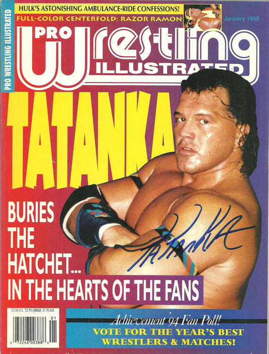 AM694  Tatanka    Autographed vintage Wrestling Magazine w/COA