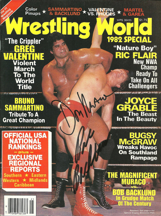 AM702  Magnificent Don Muraco Bob Backlund  Bruno Sammartino Autographed Vintage Wrestling Magazine w/COA
