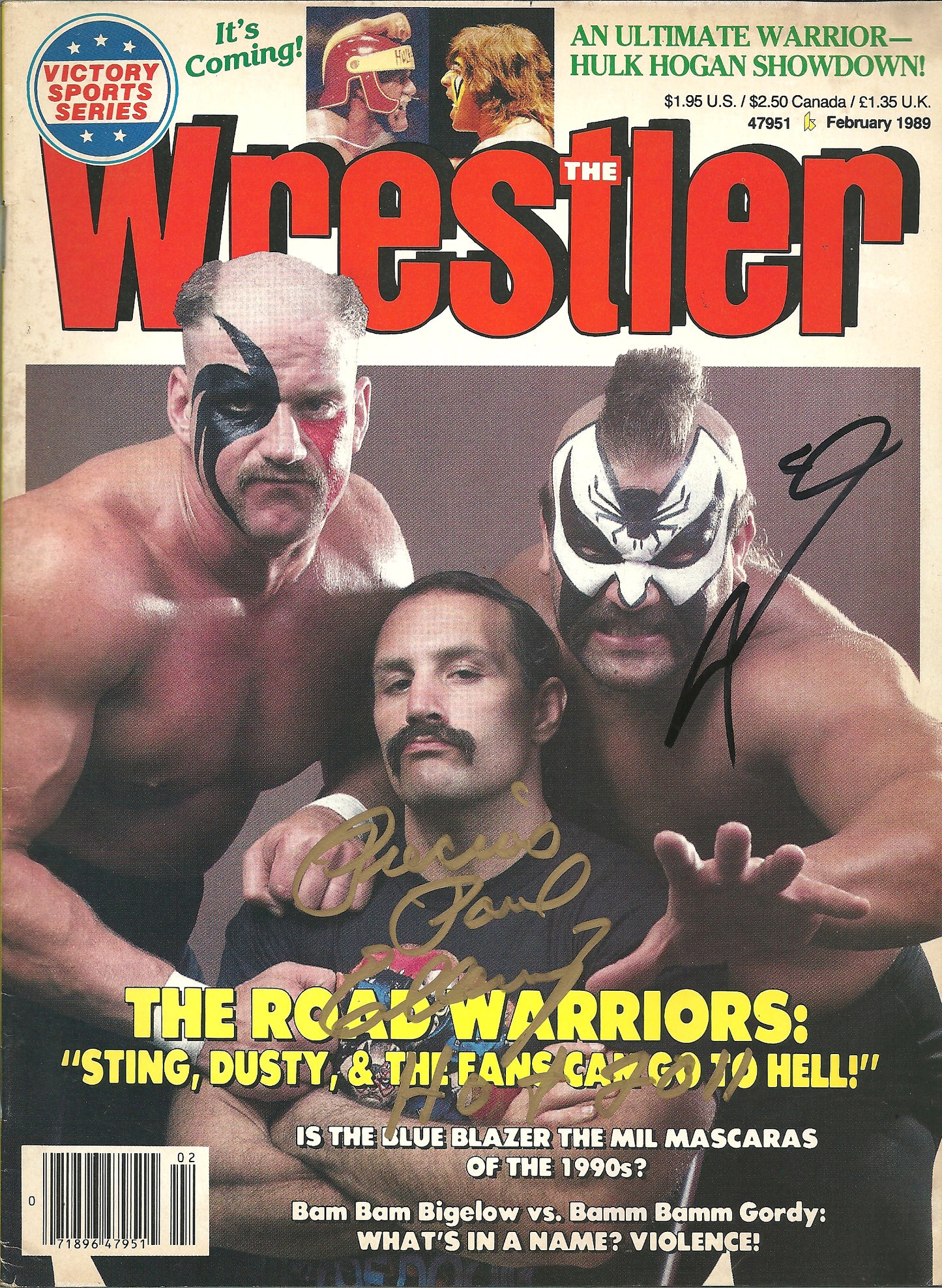 AM710   Road Warrior Animal ( Deceased ) Precious Paul Ellering Autographed Vintage Wrestling Magazine w/  POSTER w/COA