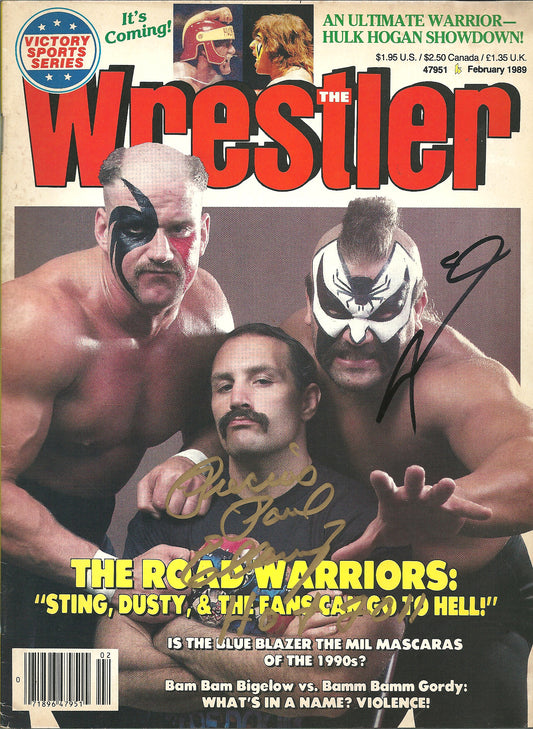 AM710   Road Warrior Animal ( Deceased ) Precious Paul Ellering Autographed Vintage Wrestling Magazine w/  POSTER w/COA