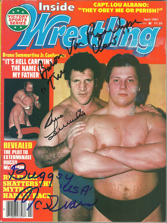 AM717  Bruno Sammartino ( Deceased ) Baron Von Raschke Bugsy McGraw   VERY RARE  Autographed Vintage Wrestling Magazine w/COA