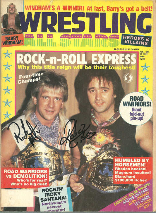 AM718  Rock and Roll Express  Road Warrior Animal  Paul Ellering   VERY RARE  Autographed Vintage Wrestling Magazine w/COA