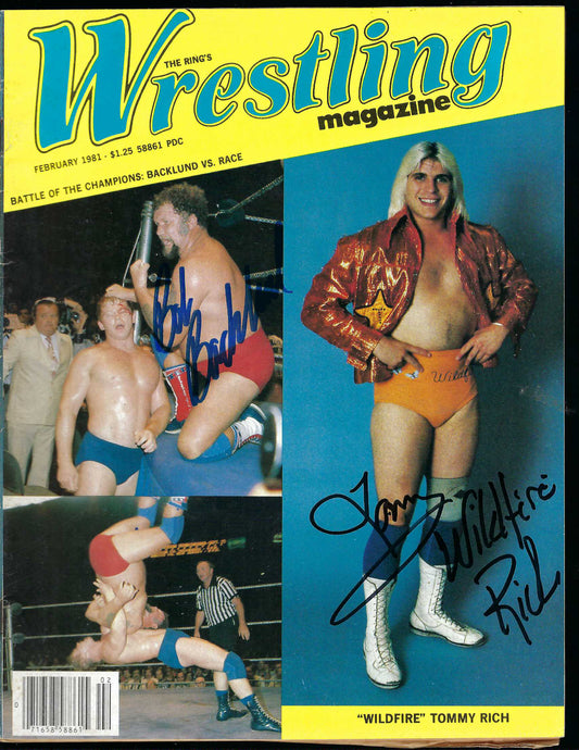 AM721  Tommy Wildfire Rich  Bob Backlund  VERY RARE  Autographed Vintage Wrestling Magazine w/COA