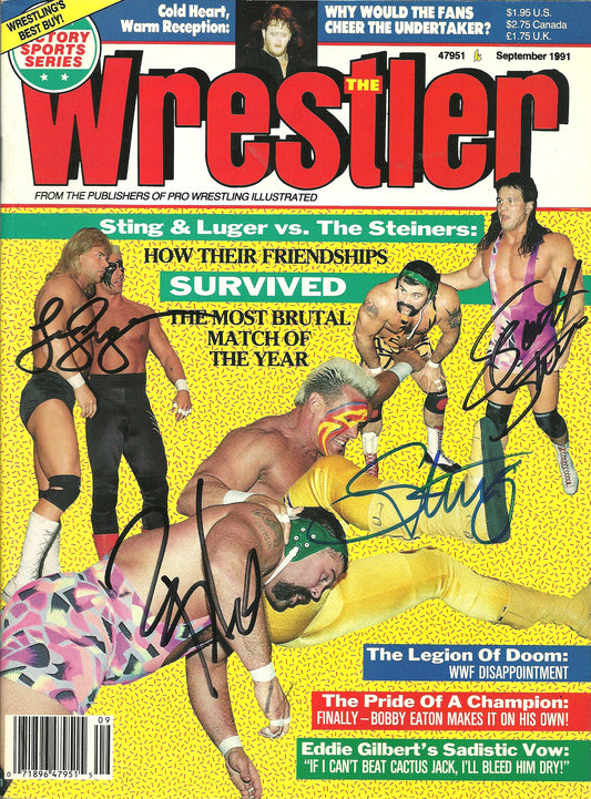 AM724  Sting  Lex Luger Steiner Brothers VERY RARE   Autographed Vintage Wrestling Magazine w/COA