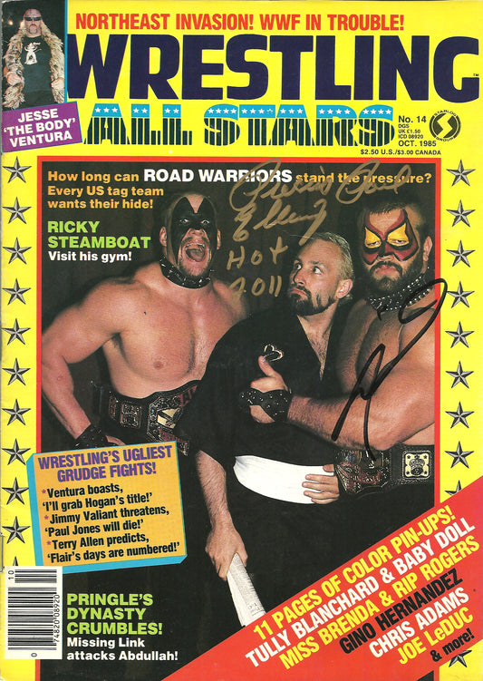 AM736   Road Warrior Animal ( Deceased ) Precious Paul Ellering  Tully Blanchard   VERY RARE   Autographed Vintage Wrestling Magazine w/COA