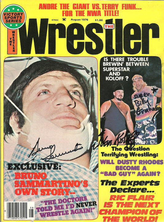 AM762  Bruno Sammartino ( Deceased ) Ivan Koloff ( Deceased ) Superstar Billy Graham  Autographed Vintage Wrestling Magazine w/COA