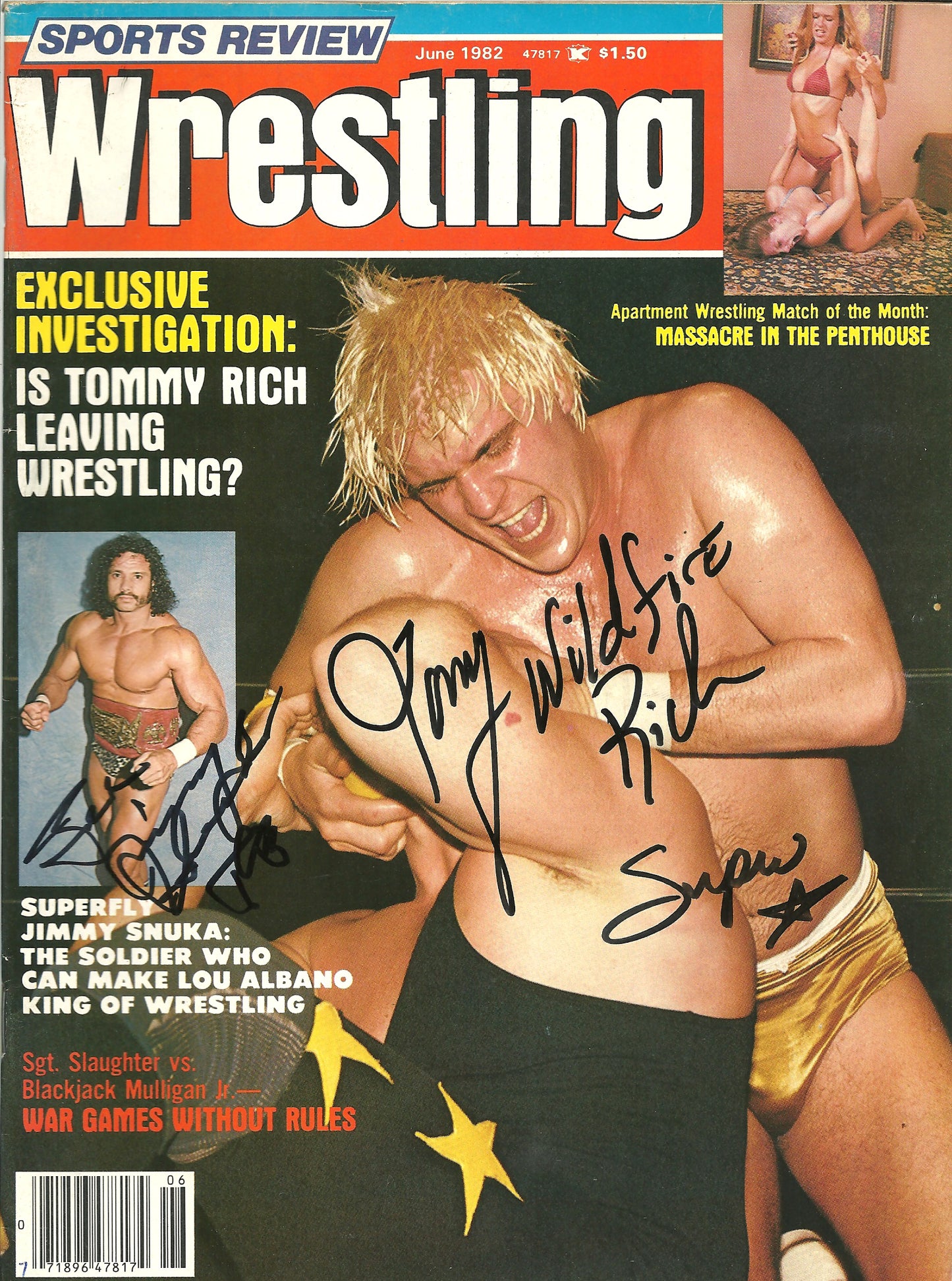 AM816  Superfly Jimmy Snuka ( Deceased ) Wildfire Tommy Rich Masked Superstar VERY RARE Autographed Vintage   Wrestling Magazine w/COA