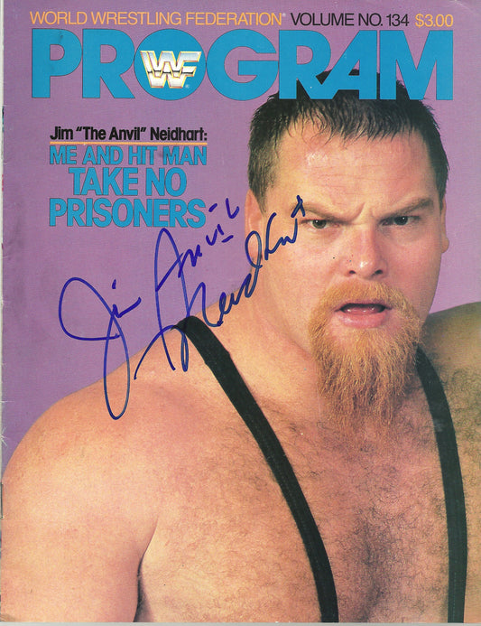 AM822  Jim the Anvil Neidhart ( Deceased )   VERY RARE Autographed Vintage Wrestling Magazine w/COA