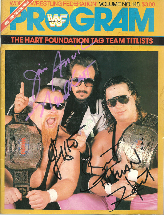 AM825  Hart Foundation  VERY RARE Autographed Vintage Wrestling Magazine w/COA
