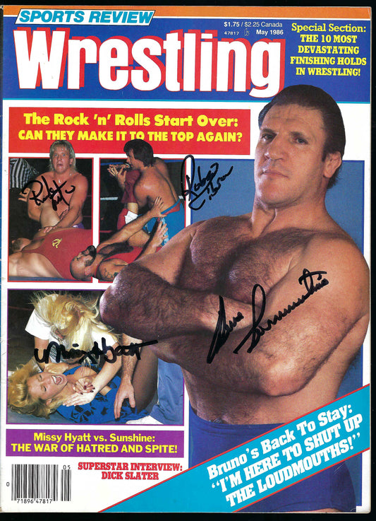 AM854  Bruno Sammartino ( Deceased ) Rock and Roll Express Missy Hyatt    VERY RARE Autographed Vintage Wrestling Magazine w/COA