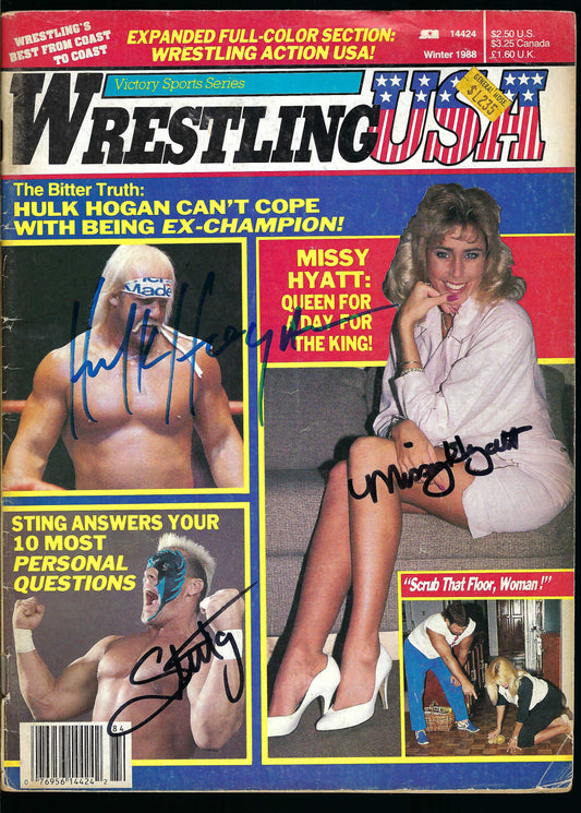 AM855 Hulk Hogan  Sting   Missy Hyatt   Dick Wohrle ( Deceased ) VERY RARE Autographed Vintage Wrestling Magazine w/COA