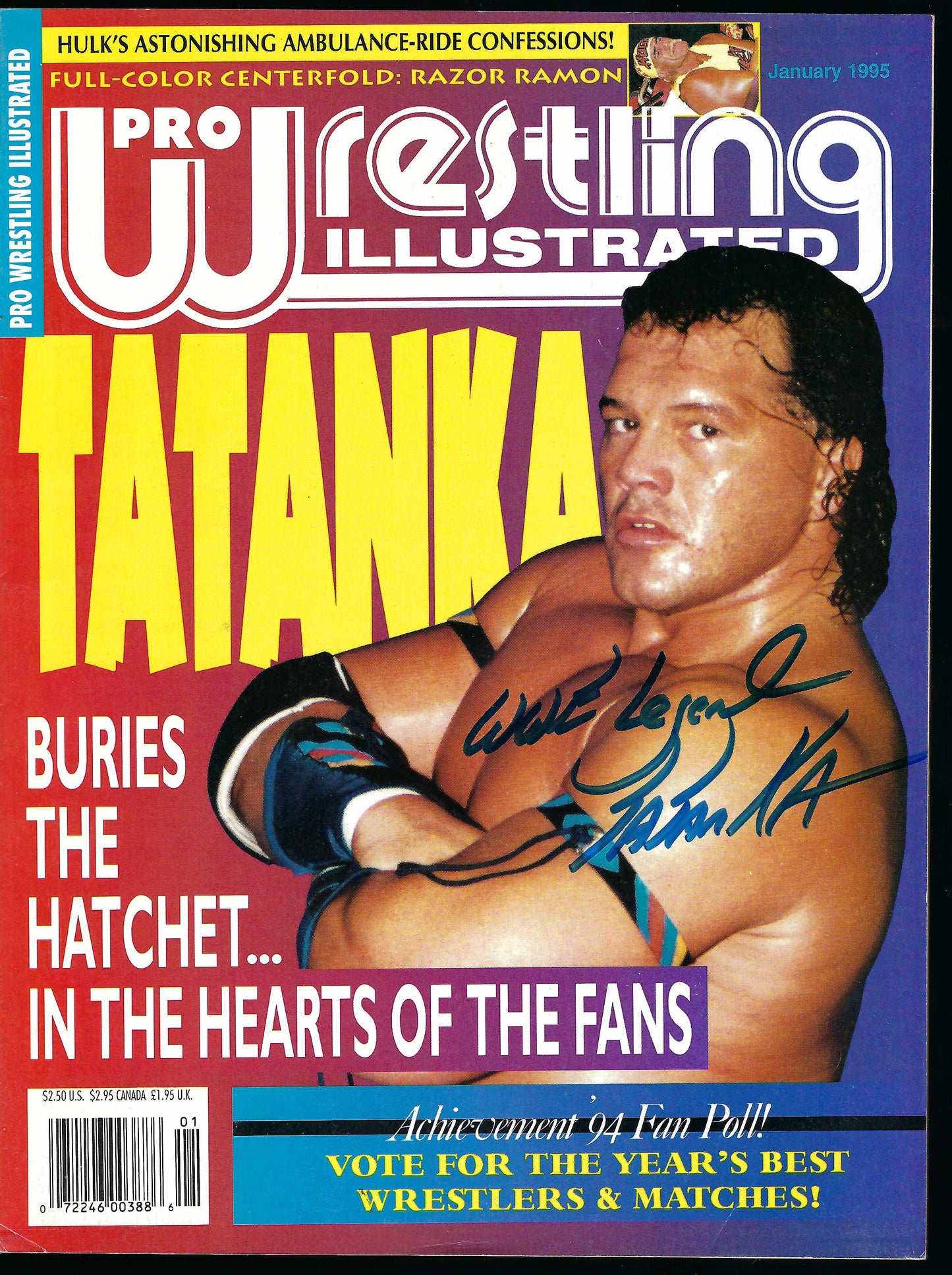 AM864  Tatanka  VERY RARE Autographed Vintage Wrestling Magazine w/COA