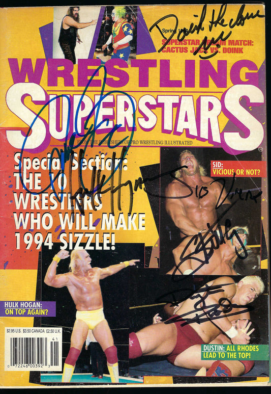 BD41   Doink the Clown  Cactus Jack  Hulk Hogan  Sting  Sid  Dustin Rhodes Autographed Vintage Wrestling Magazine / Program w/COA