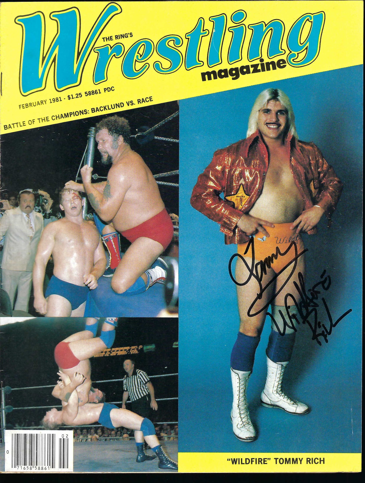 BD46  Wildfire Tommy Rich  Autographed Vintage Wrestling Magazine / Program w/COA