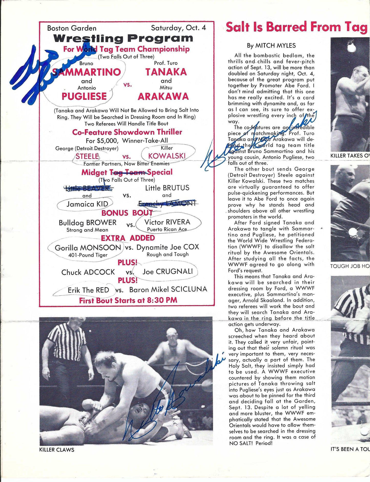 BG1  Collection of 5 Autographed Boston Garden Programs from 1960's Bruno Sammartino , George Steele , Killer Kowalski , Bb Orton Sr. w/COA