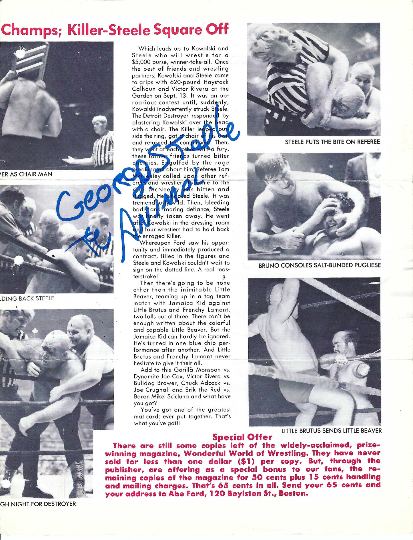 BG1  Collection of 5 Autographed Boston Garden Programs from 1960's Bruno Sammartino , George Steele , Killer Kowalski , Bb Orton Sr. w/COA