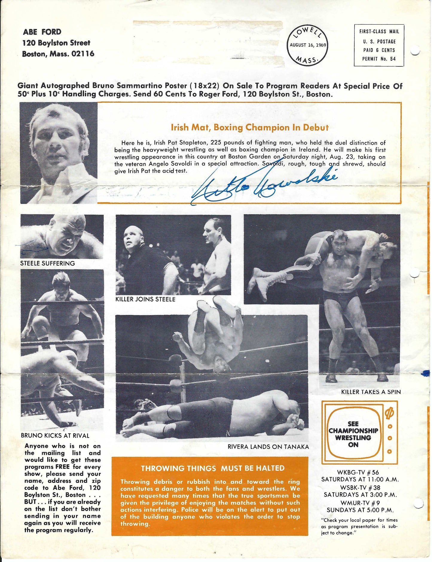 BG1  Collection of 5 Autographed Boston Garden Programs from 1960's Bruno Sammartino , George Steele , Killer Kowalski , Bb Orton Sr. w/COA