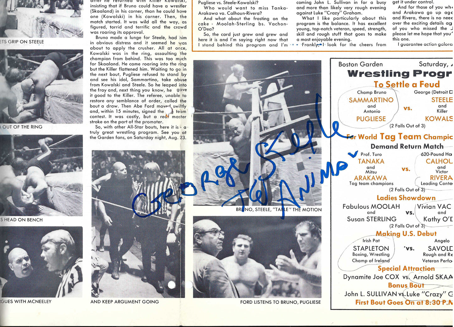 BG1  Collection of 5 Autographed Boston Garden Programs from 1960's Bruno Sammartino , George Steele , Killer Kowalski , Bb Orton Sr. w/COA