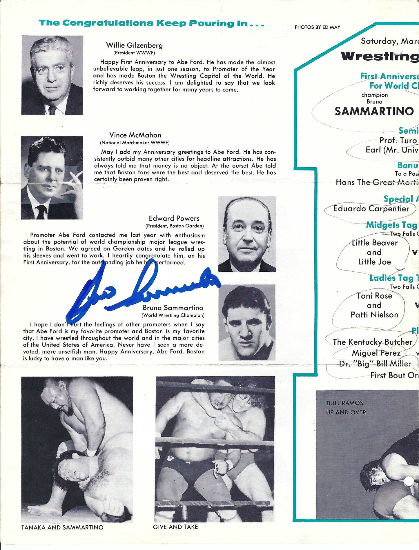 BG1  Collection of 5 Autographed Boston Garden Programs from 1960's Bruno Sammartino , George Steele , Killer Kowalski , Bb Orton Sr. w/COA